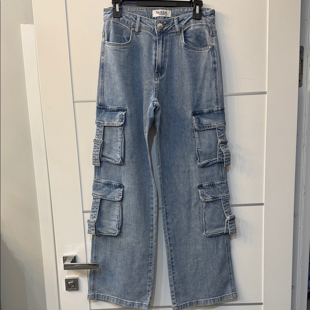 Queen hearts Paris wide Blue Denim Cargo Jeans